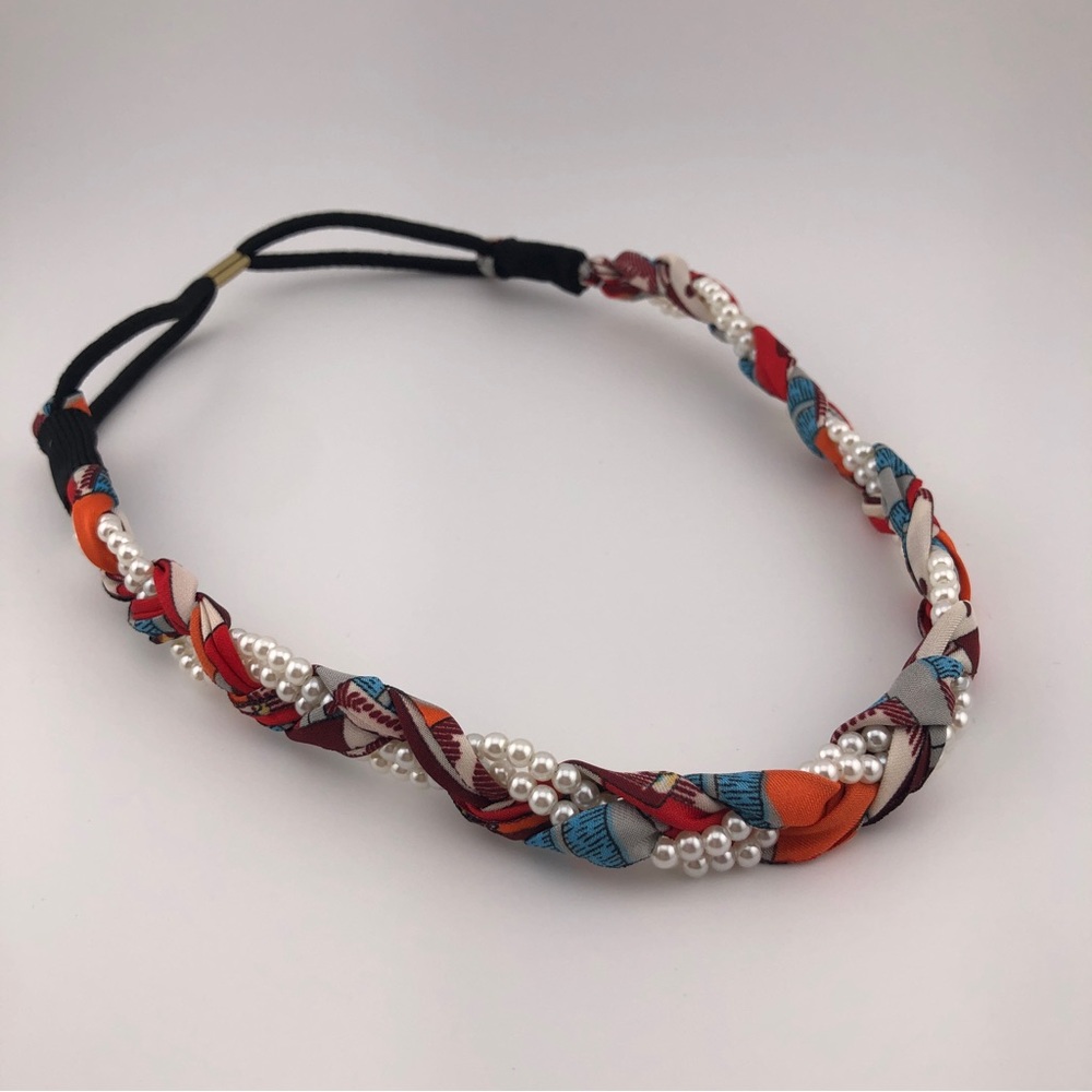 Faux Pearl and Fabric Braided Headband, New, Handmade - Orange
